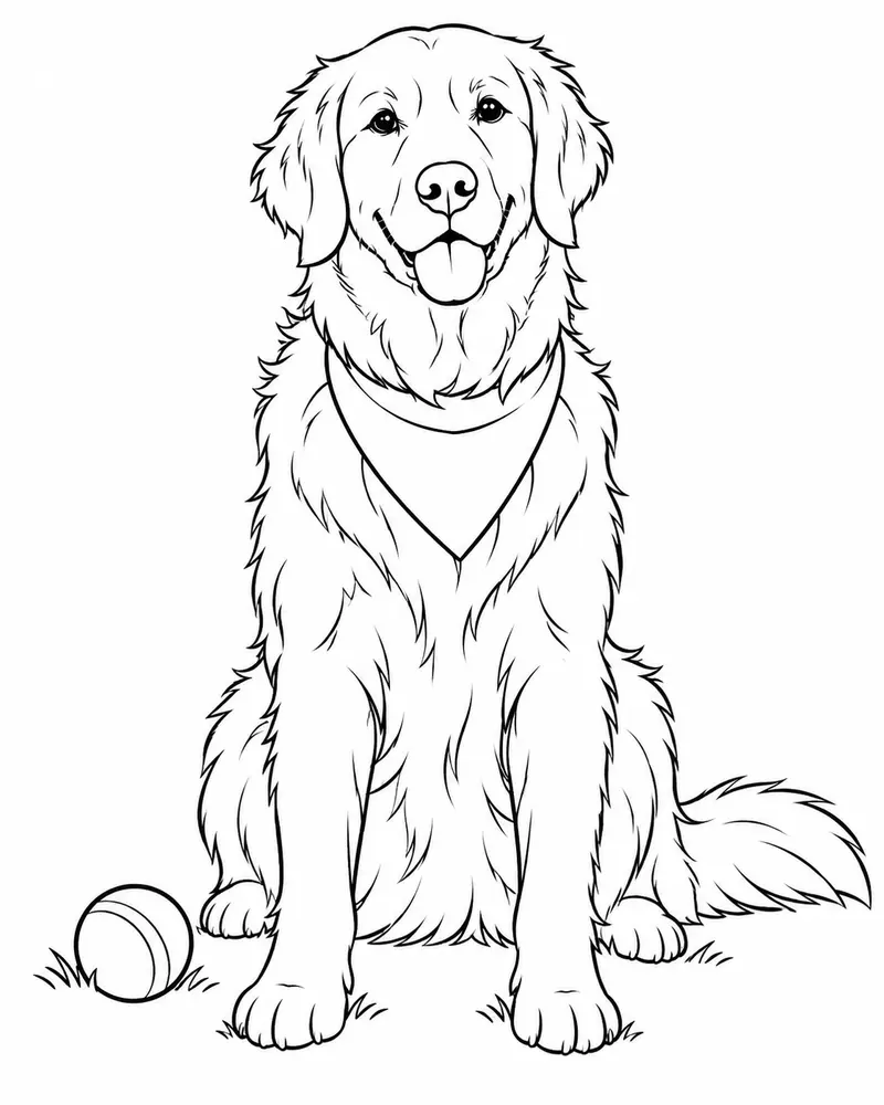 Black contour drawing of the same dog and ball with open white areas for coloring