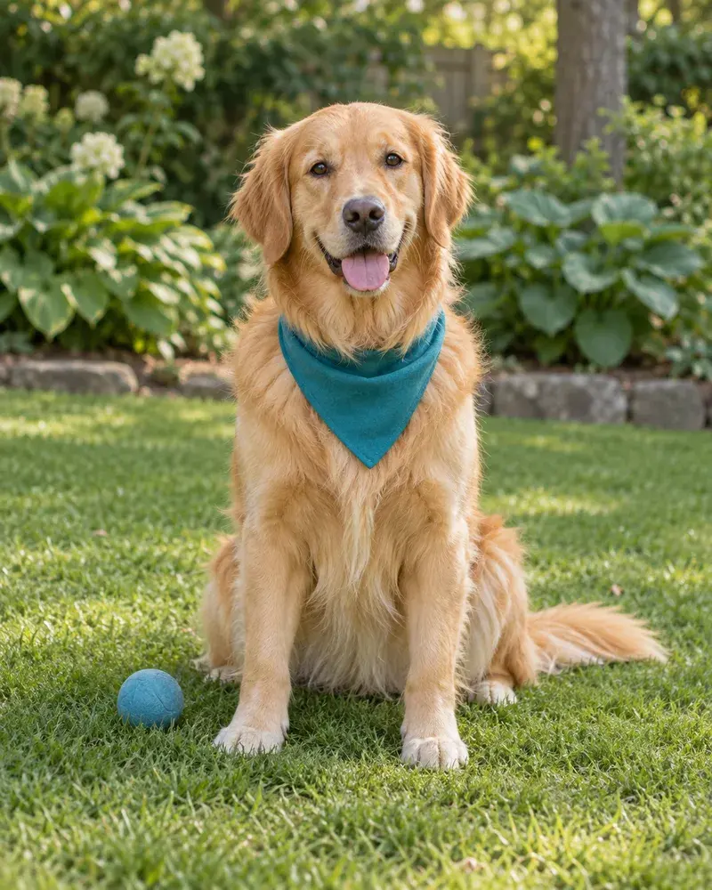AI-generated golden retriever wearing a teal bandana, sitting with a ball in a garden