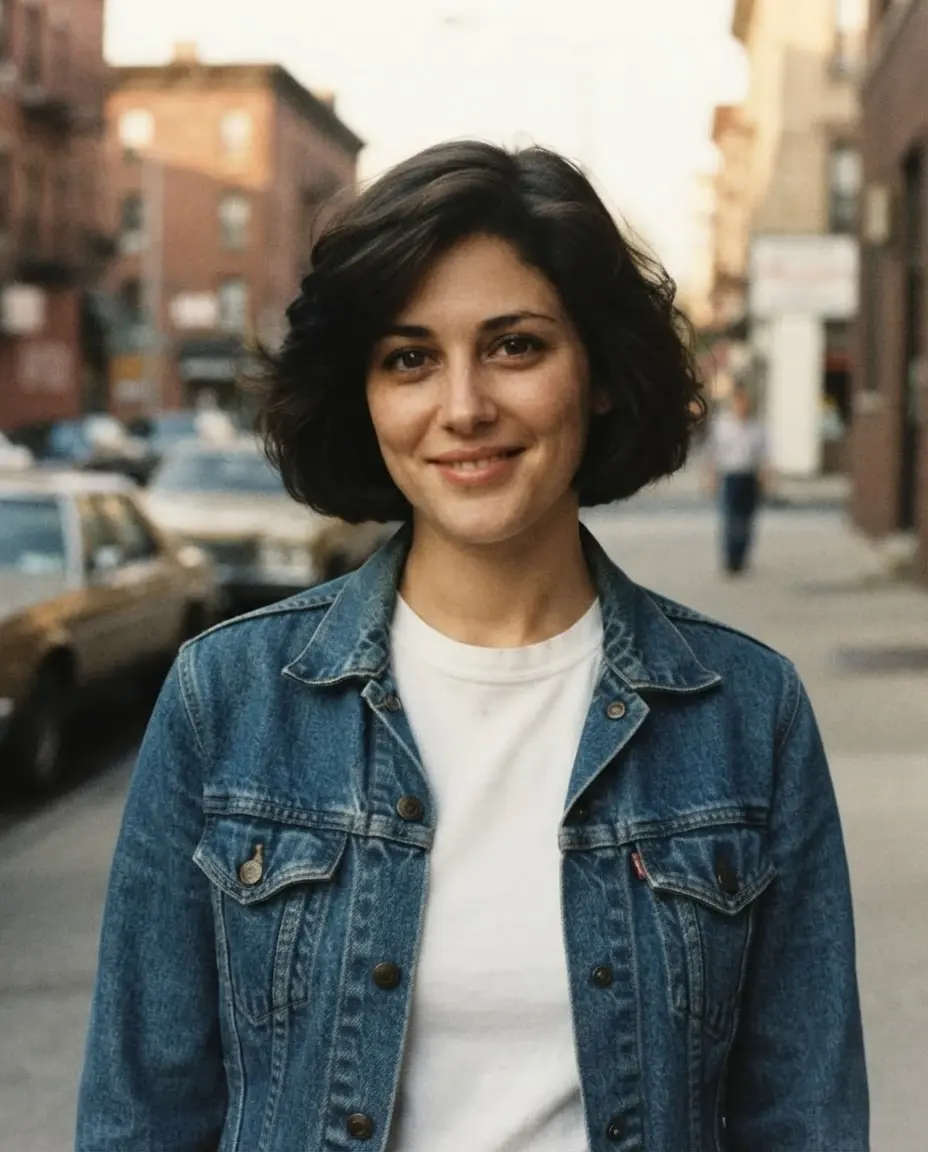 1980s-inspired street result with a denim jacket, soft warm light and blurred city background