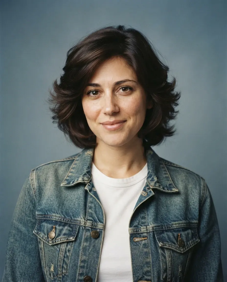 1980s-inspired studio result with feathered hair, a denim jacket and muted blue-gray backdrop