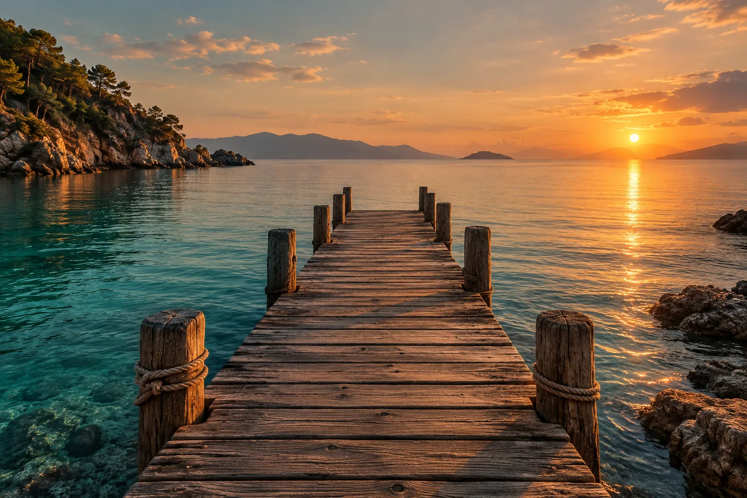 AI-created illustration of an empty wooden pier at sunset