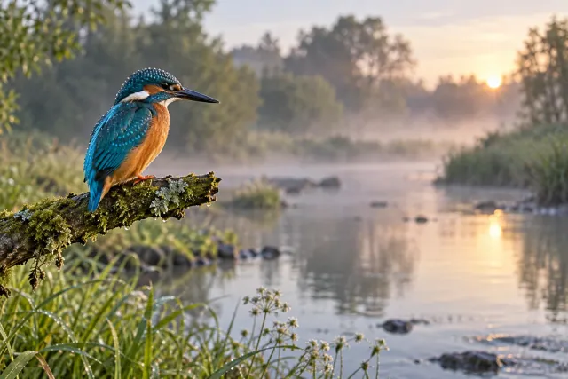 Kingfisher on a mossy branch beside a river