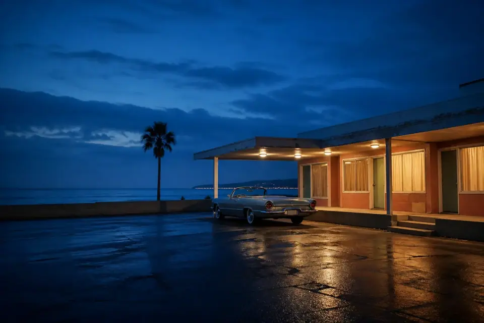 Coastal motel and vintage convertible illuminated at blue hour