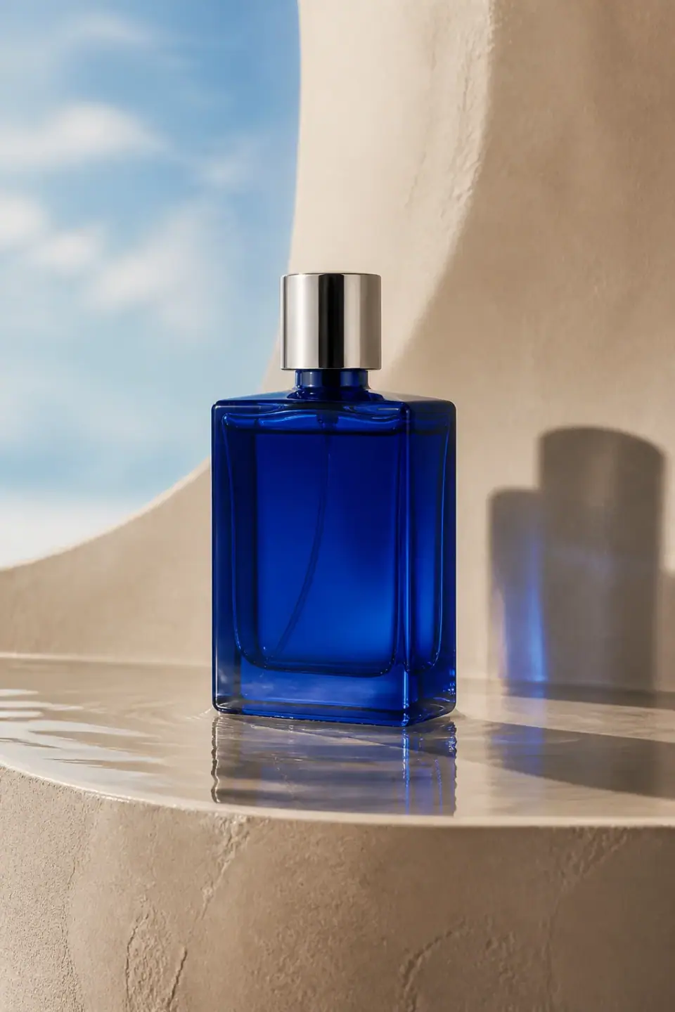Cobalt glass bottle on a sculptural sand-colored pedestal