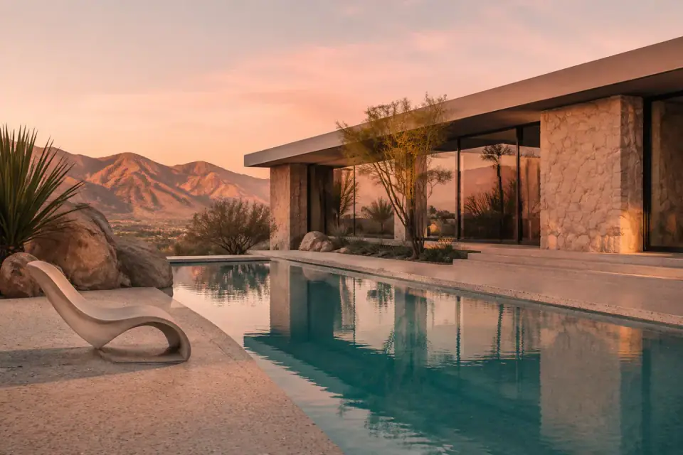 Modern desert home and turquoise pool at a dusty rose sunrise