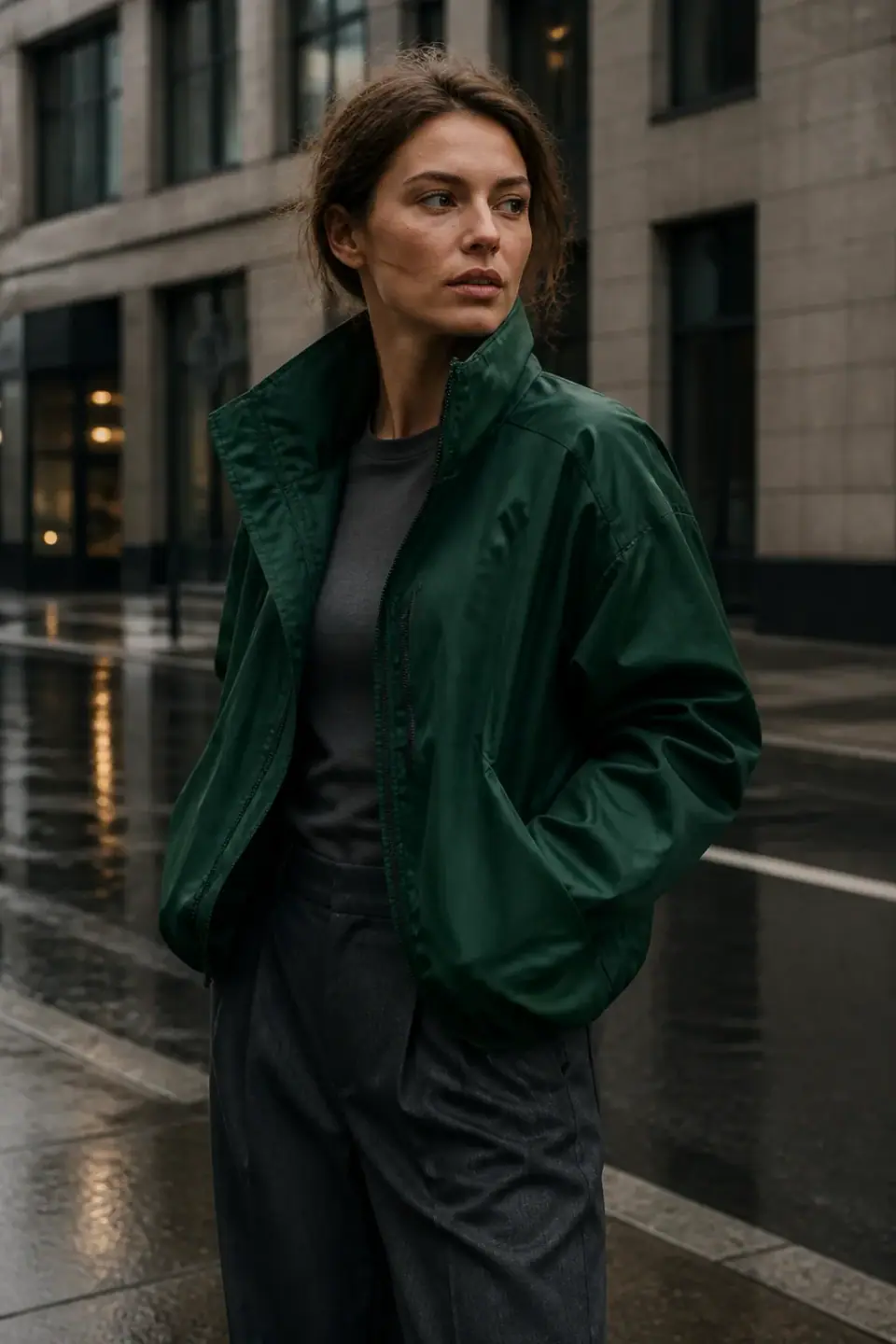 Fashion portrait of a person in an emerald jacket on a rain-darkened street