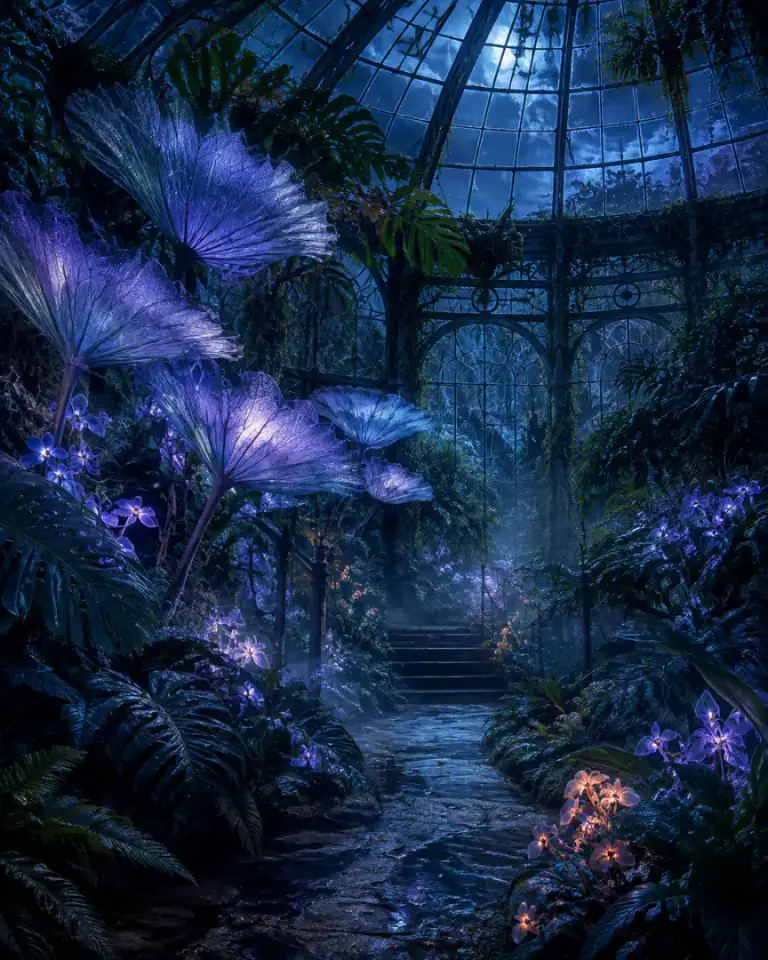Moonlit glasshouse filled with violet bioluminescent plants