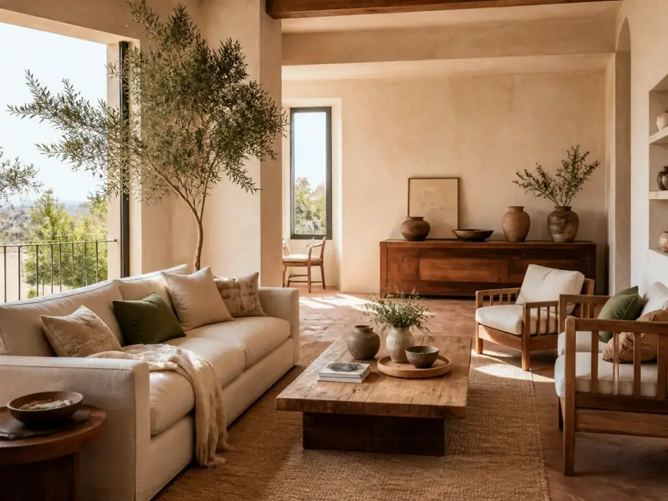 Sunlit Mediterranean living room with limewashed walls and warm wood furniture