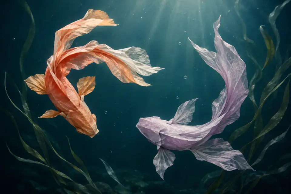 Two translucent folded-paper koi swimming through dark teal water
