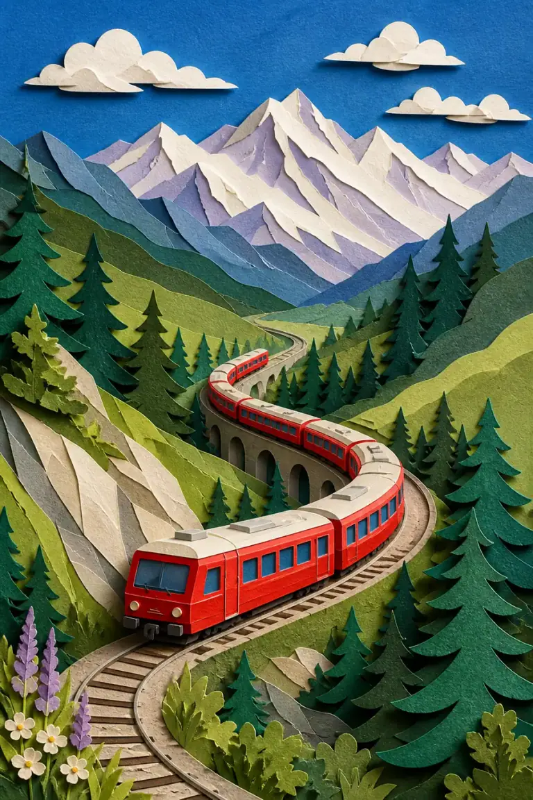 Layered paper-cut illustration of a red train winding through alpine mountains