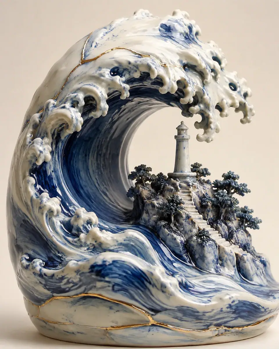 Blue-and-white porcelain wave curling around a miniature lighthouse