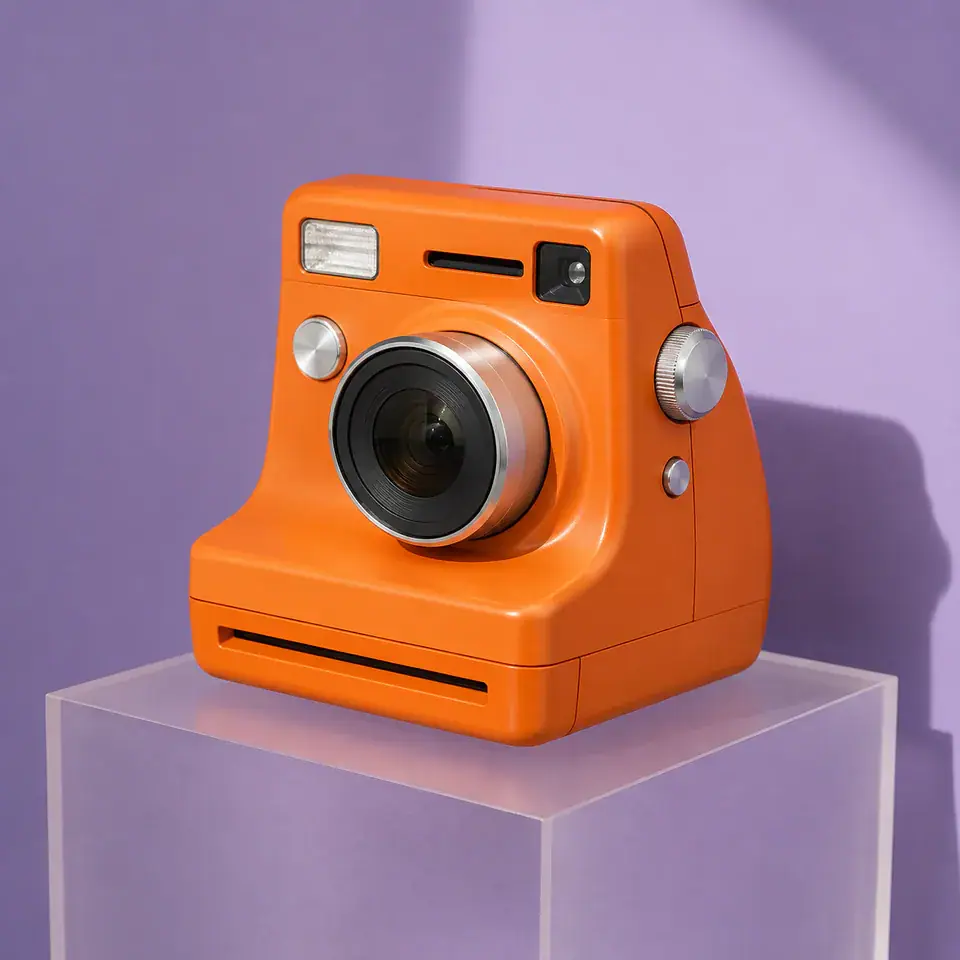 Unbranded tangerine instant camera on a lavender acrylic plinth