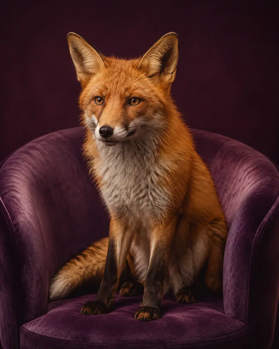 Red fox seated naturally on a violet velvet chair