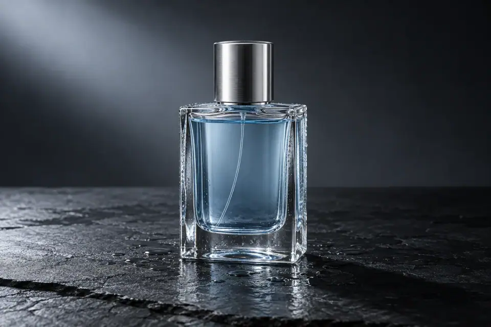 Architectural clear-glass perfume bottle with a brushed steel cap on black slate
