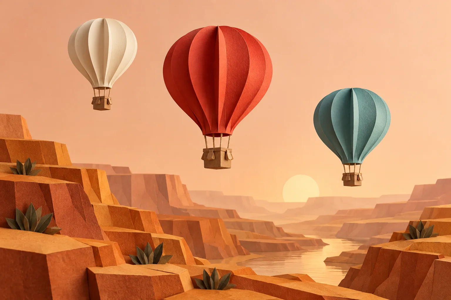 Three folded paper hot-air balloons above an intricately cut amber canyon