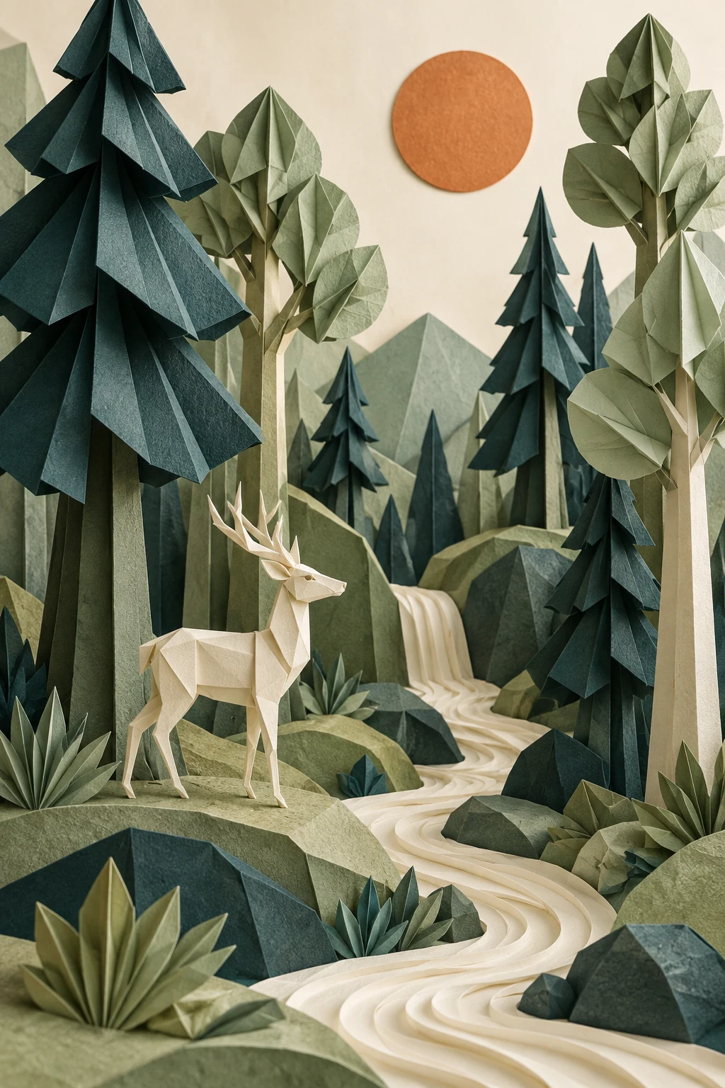 Handmade paper forest with a small cream deer and layered sage and teal trees