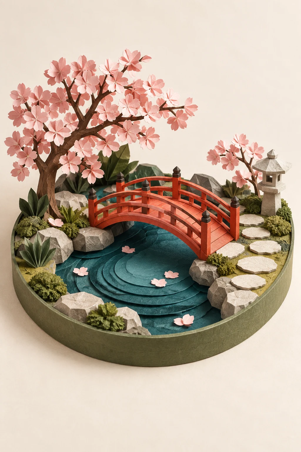 Handcrafted paper garden with a vermilion bridge over layered teal water and folded blossoms