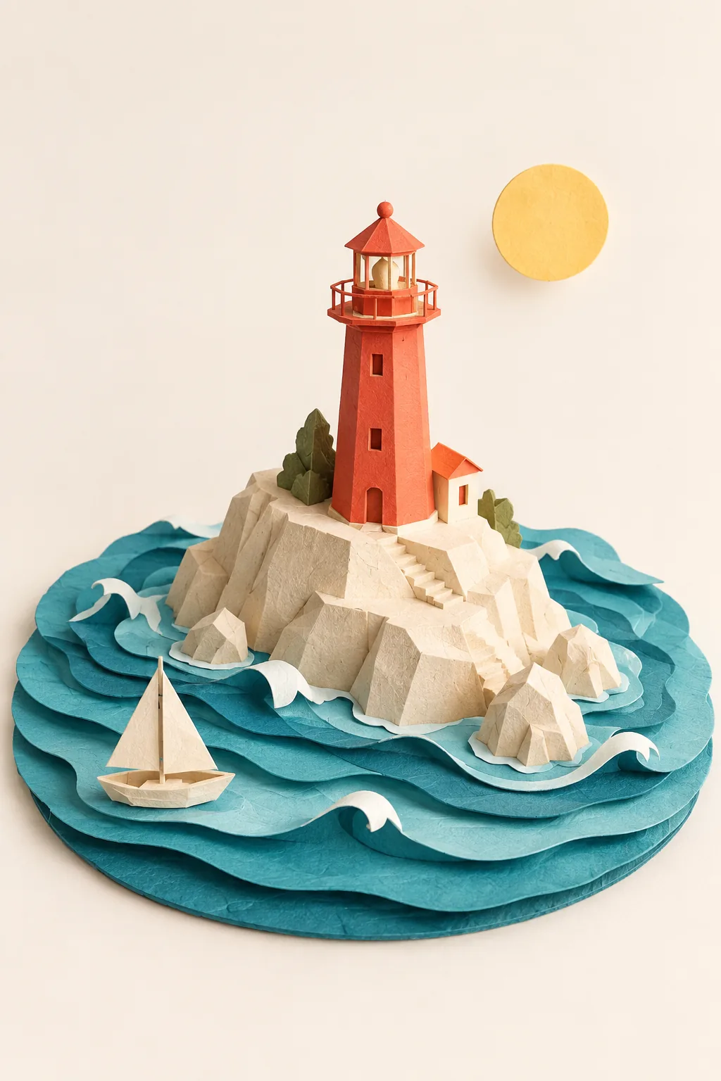 Handmade paper lighthouse island with layered turquoise waves and a coral tower