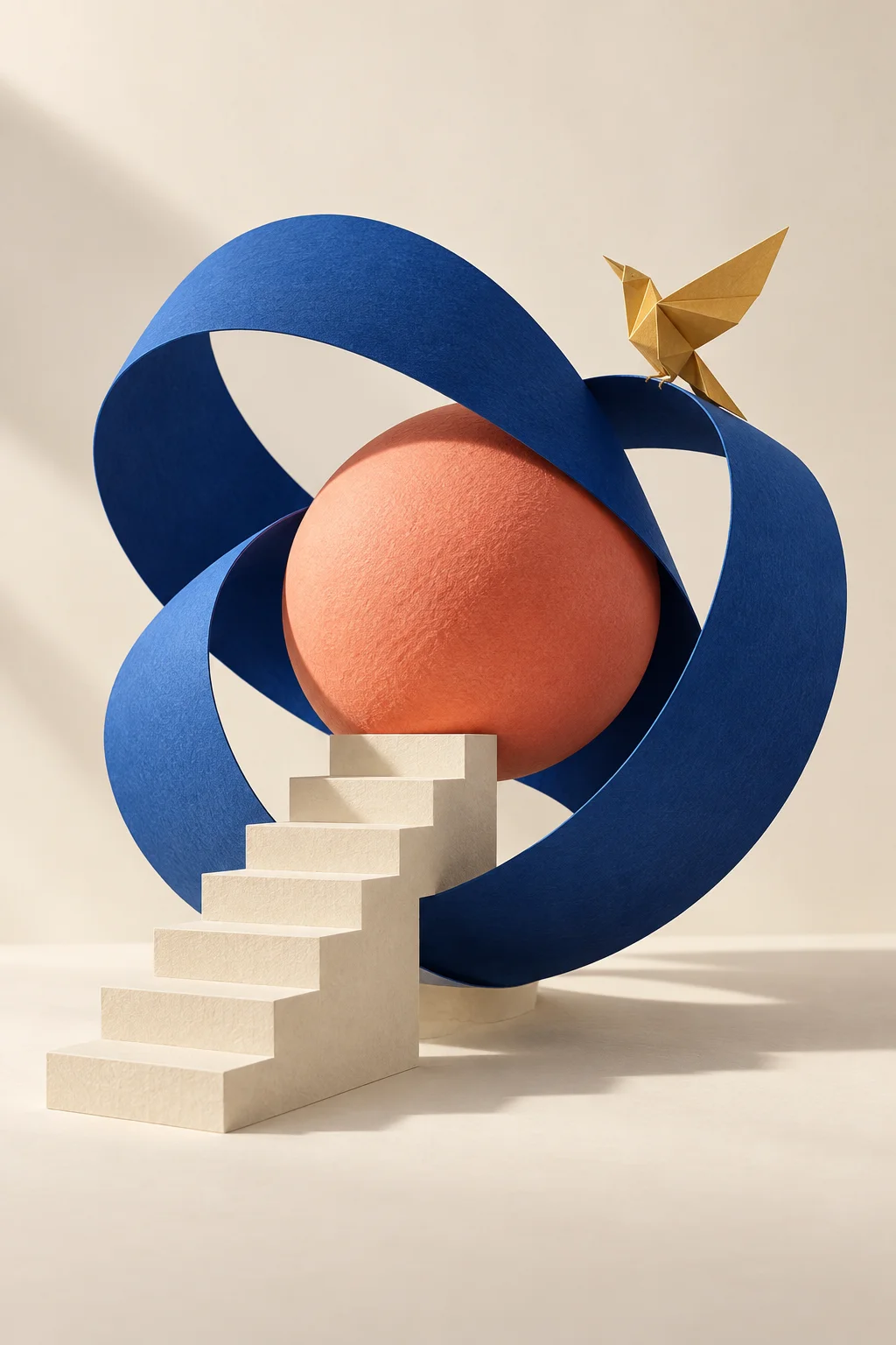 Sculptural cobalt paper ribbons and a coral sphere in a cream miniature world