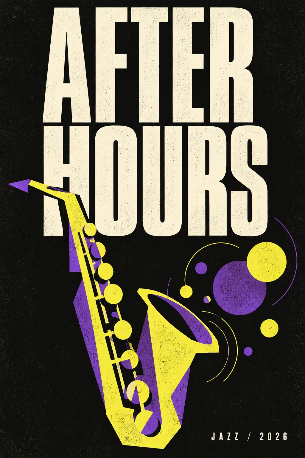 Violet and acid-yellow jazz poster with a geometric saxophone and the words AFTER HOURS