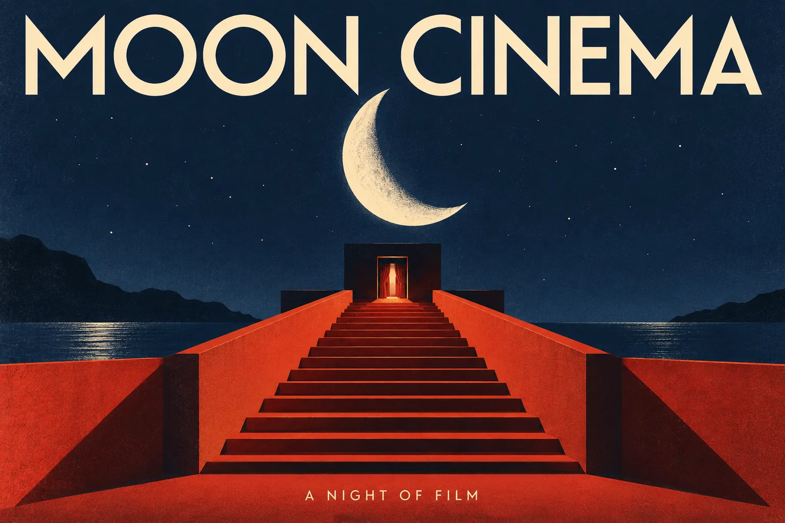 Graphic MOON CINEMA poster with an ivory moon, vermilion steps and midnight-blue sky