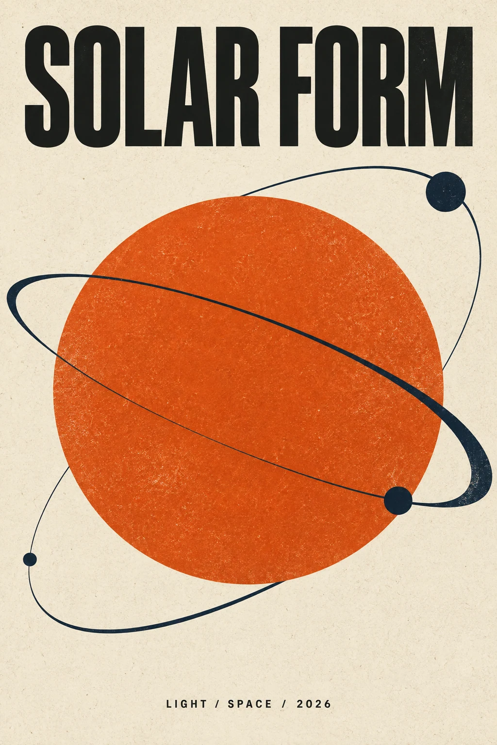 Graphic SOLAR FORM exhibition poster with a burnt-orange sun and indigo orbital curves