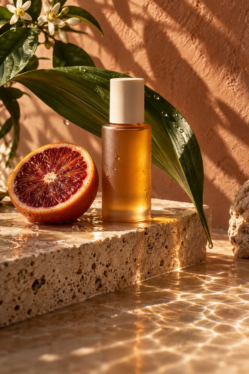 Amber serum bottle, blood orange, and green leaf in warm sunlight