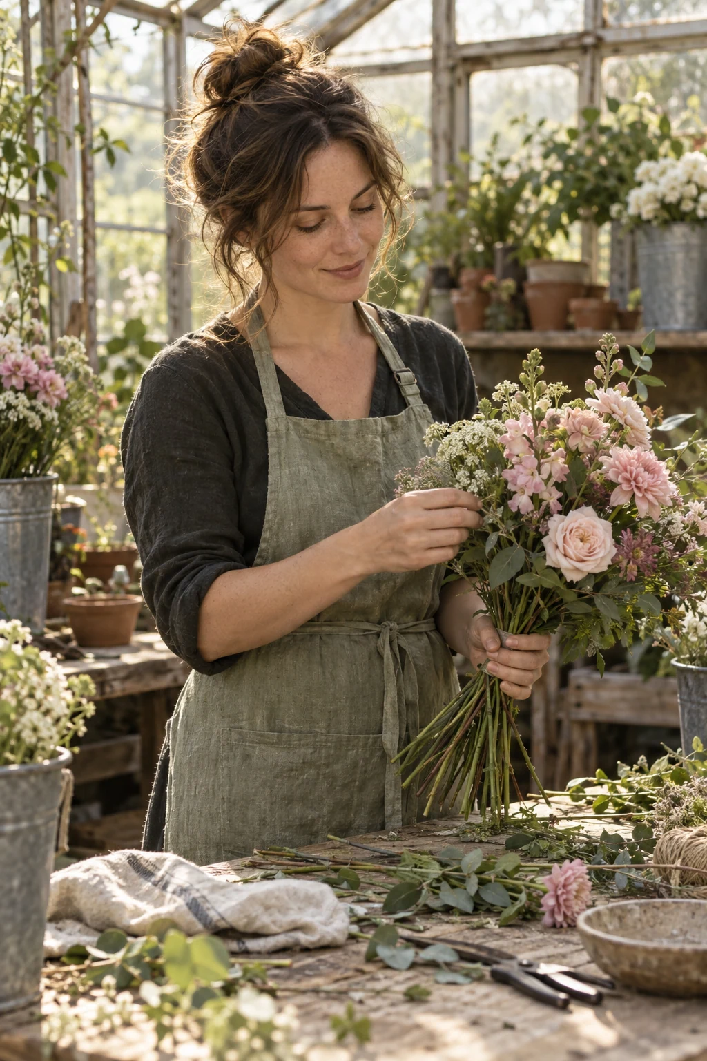Florist arranging soft pink flowers at a wooden worktable in a sunlit greenhouse