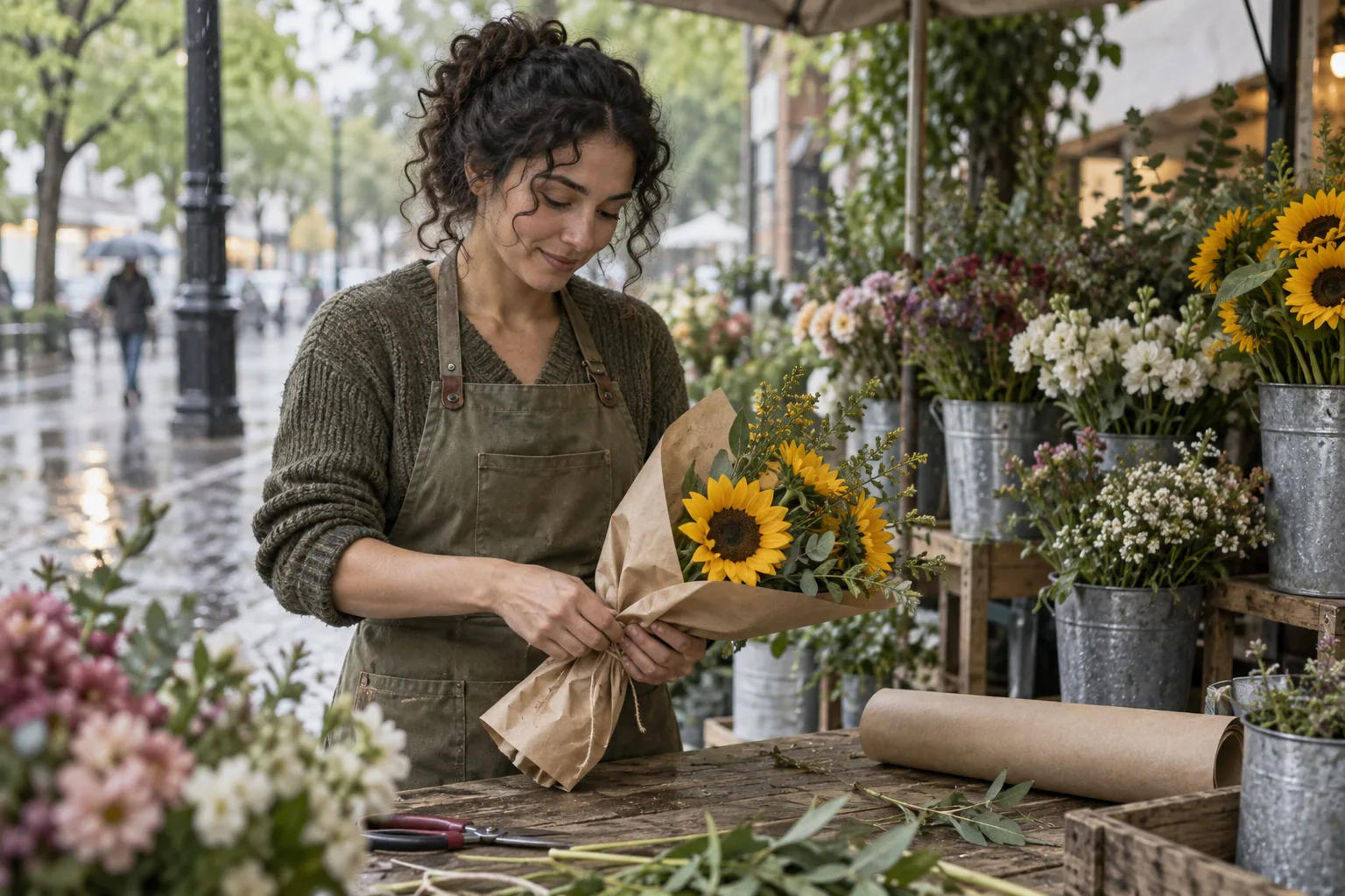 Florist wrapping sunflowers at a small street stall in gentle morning light