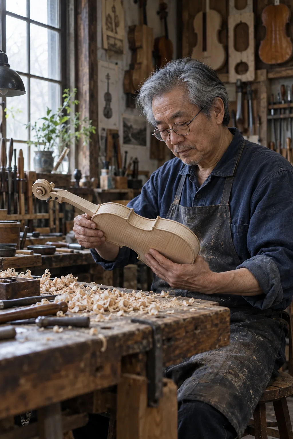 Older violin maker working at a timber bench in soft light from a workshop window