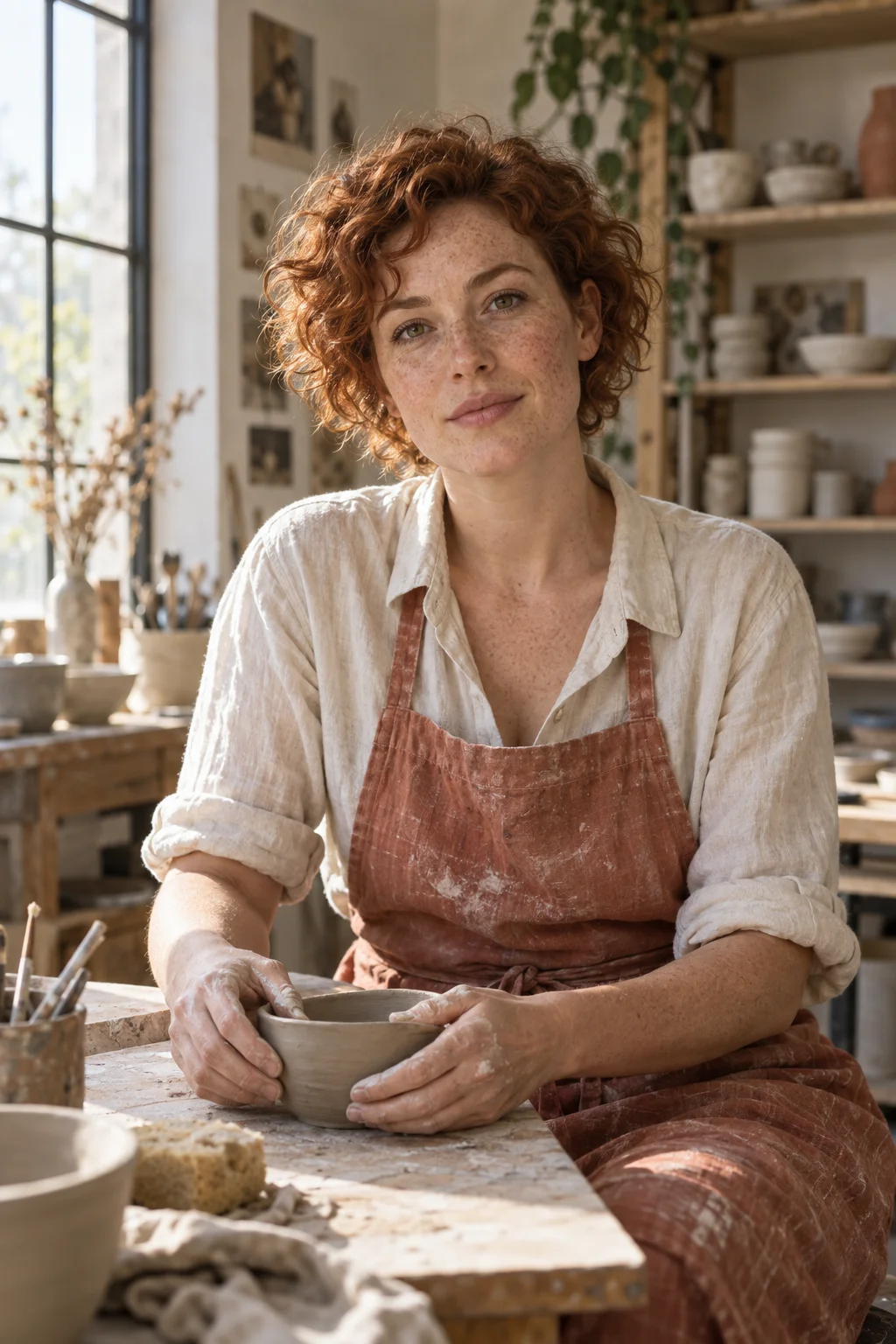 Freckled ceramic artist in a terracotta apron beside a sunlit studio window