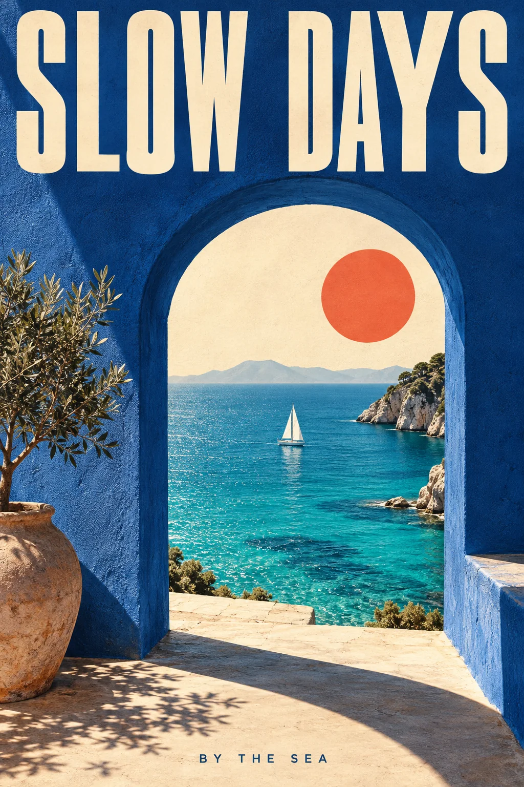 Slow Days travel poster with a cobalt arch and turquoise Mediterranean sea