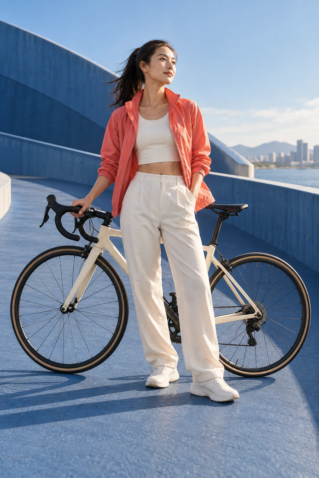 Fashion campaign with an adult cyclist in a coral jacket and cream bicycle against cobalt architecture