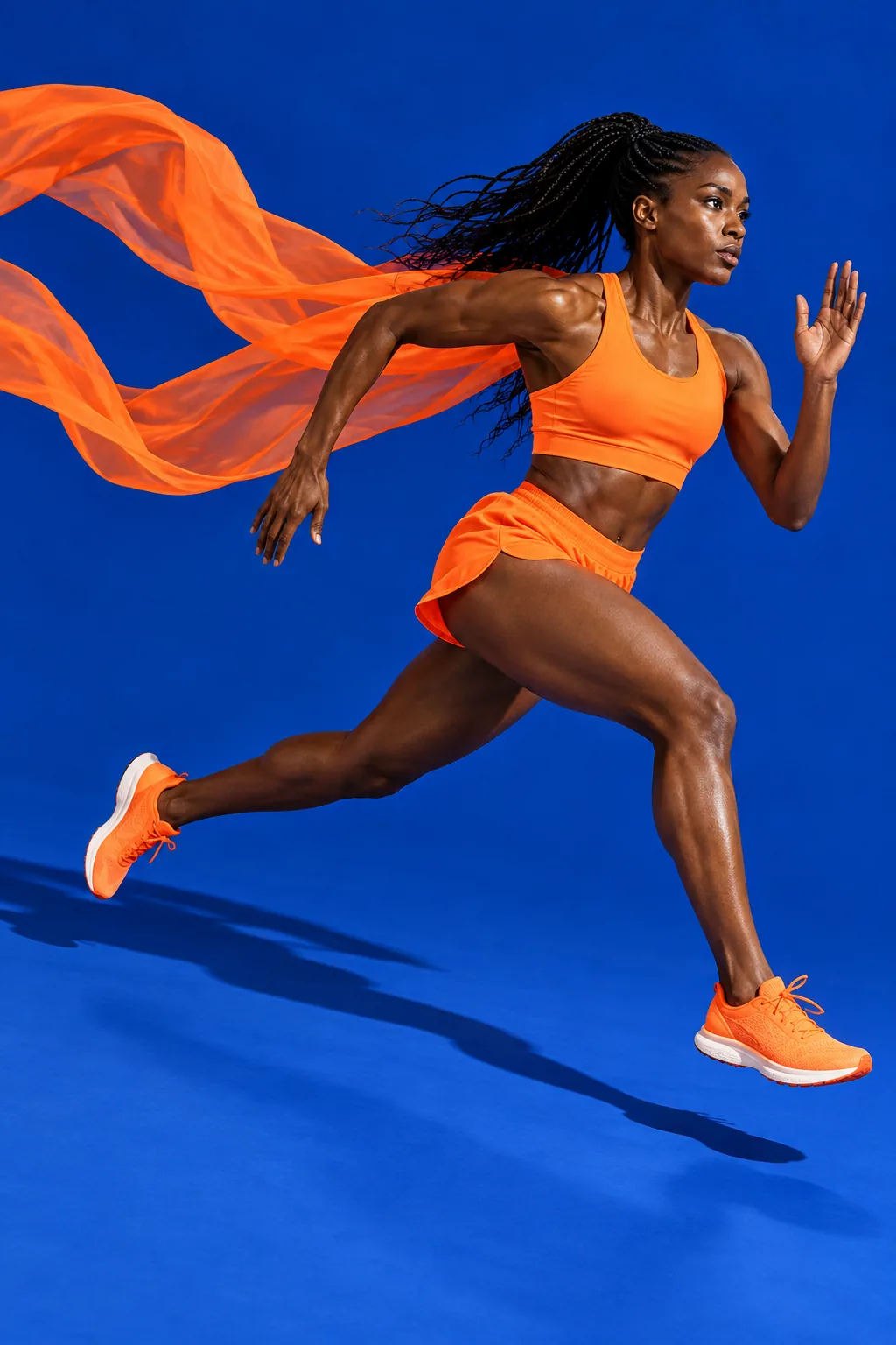 Athlete in electric-orange sportswear sprinting through a cobalt studio with fabric streaming behind