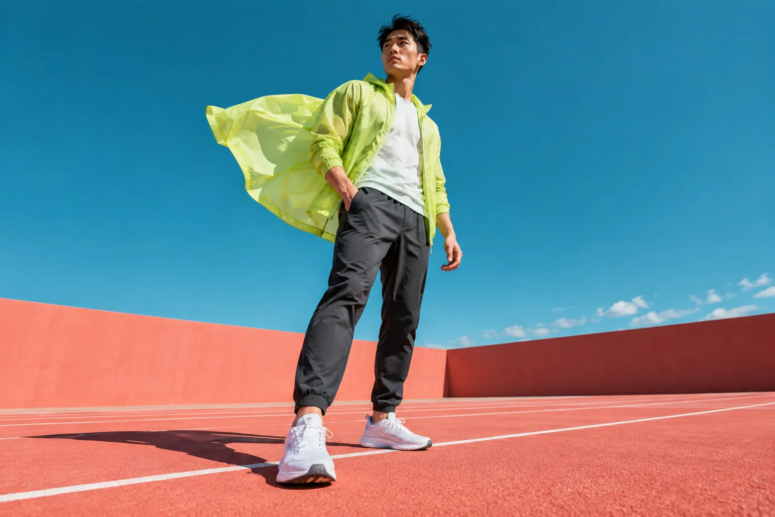 Athlete in a vivid lime windbreaker on a coral court with wind lifting the fabric
