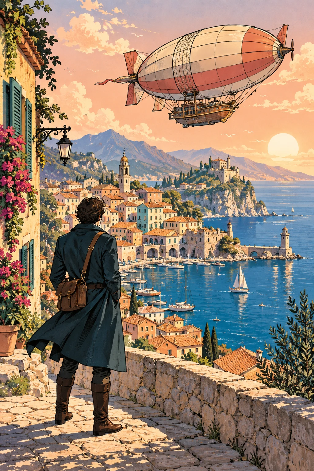 Graphic novel harbor scene with a cream airship above colorful waterfront houses and a traveler