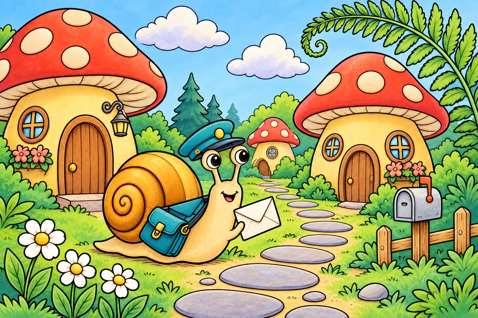 The same snail mail carrier and mushroom village filled with warm storybook colors