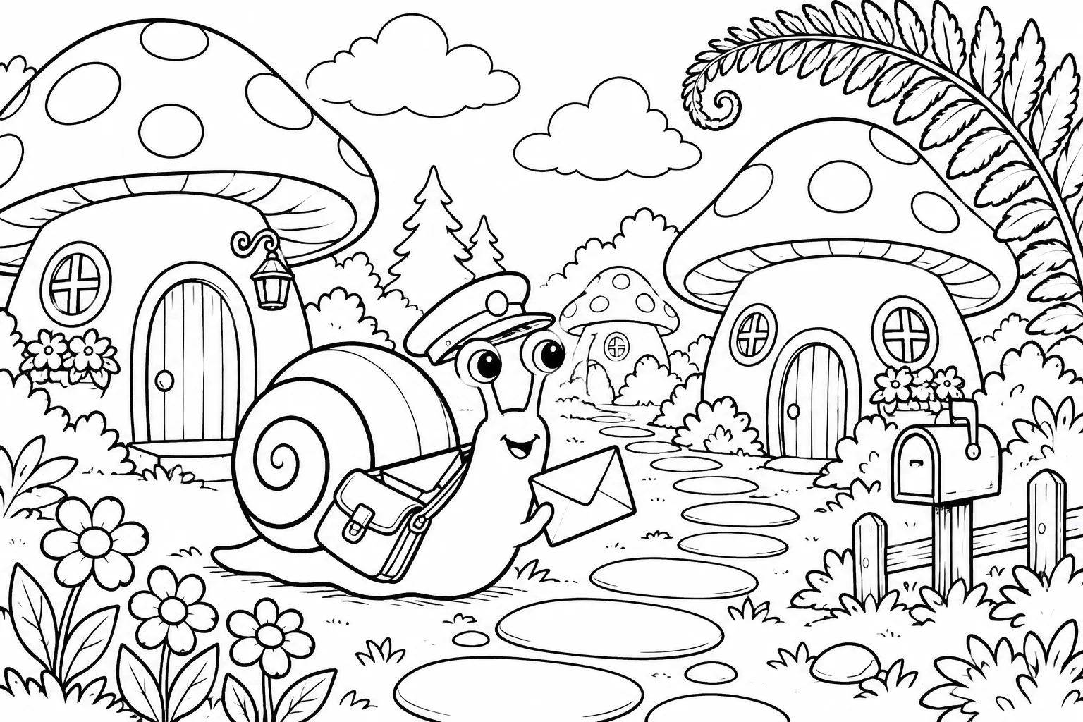 Black and white line drawing of a snail mail carrier in a mushroom village