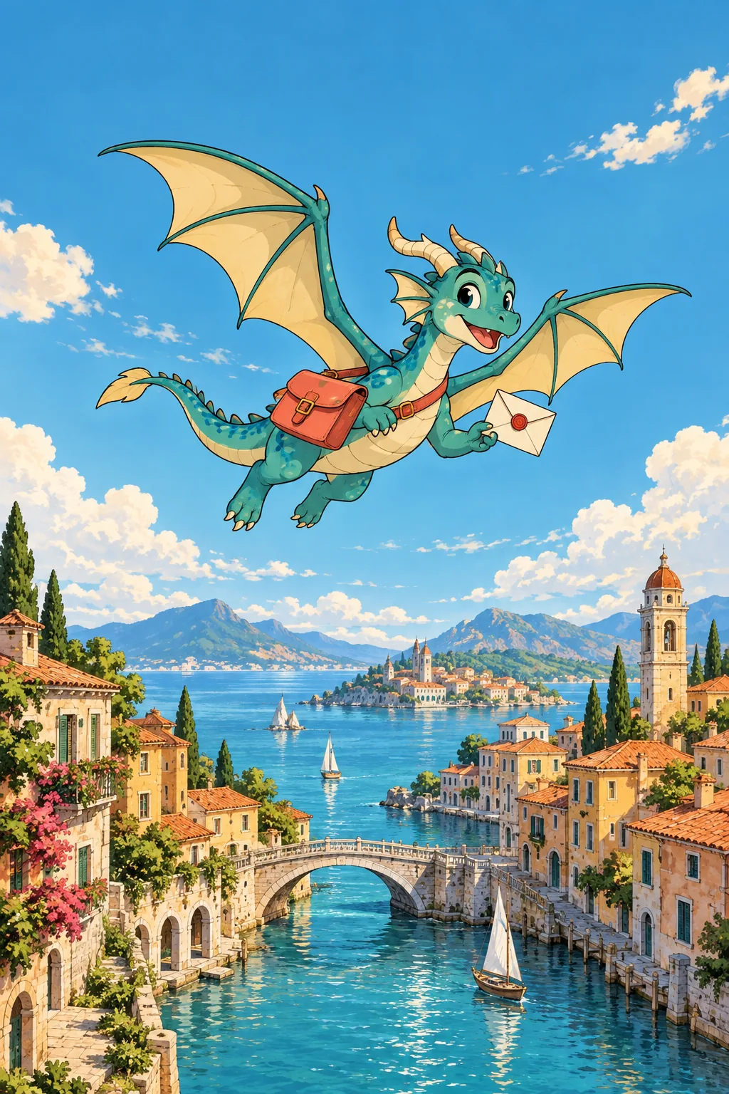 Comic illustration of a teal dragon courier flying above a terracotta canal town