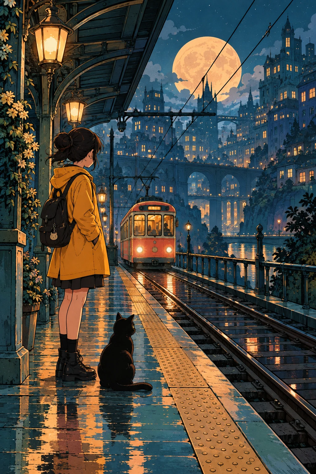 Graphic novel illustration of a child and a cat waiting for a glowing tram beneath a huge moon