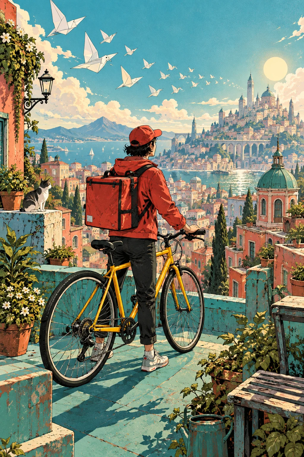 Illustrated courier with a yellow bicycle on a teal rooftop above a sunlit city