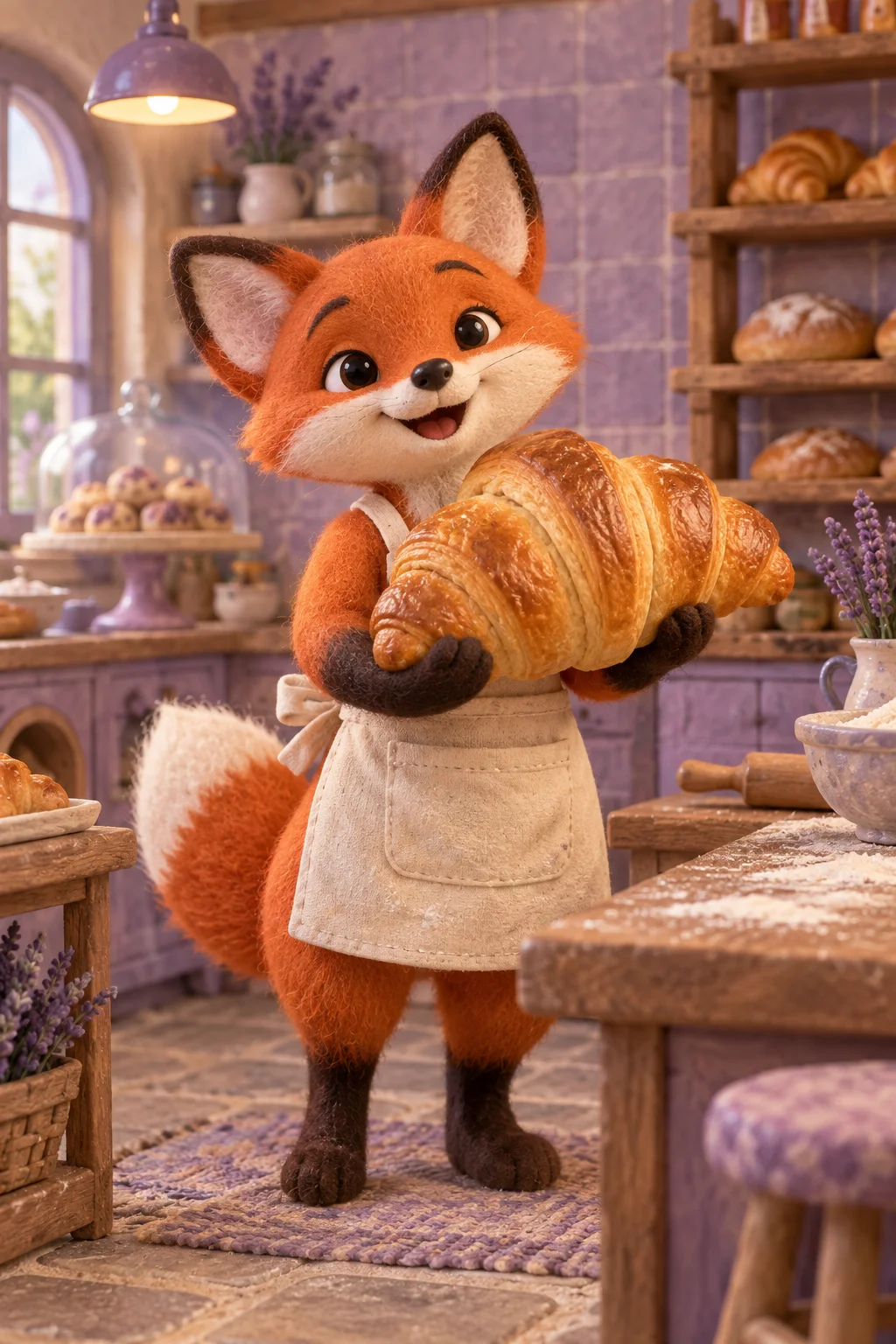 Small orange fox baker carrying a croissant in a lavender miniature bakery