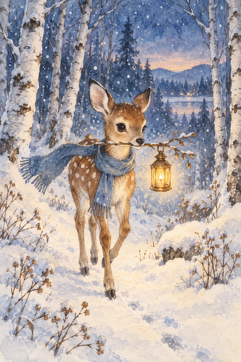 Watercolor fawn carrying a glowing lantern through a softly falling snowy woodland