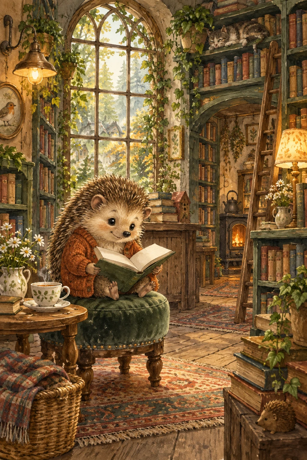Watercolor hedgehog reading beside the arched window of a cozy woodland bookshop