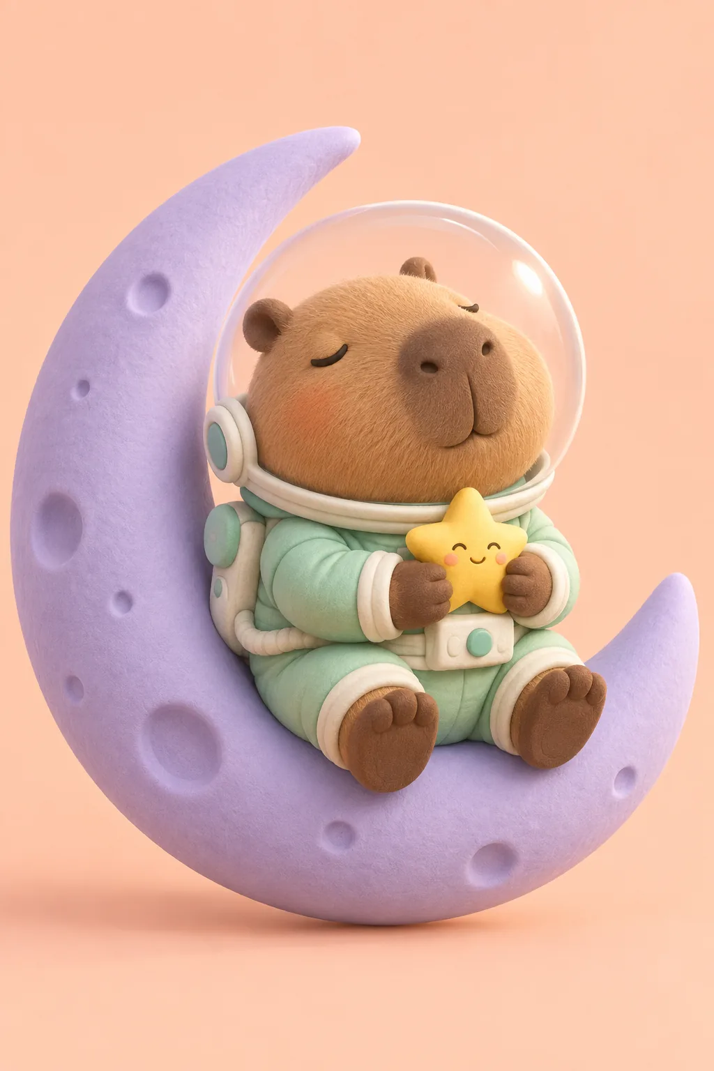 Round capybara astronaut in a mint suit sitting on a lavender crescent moon