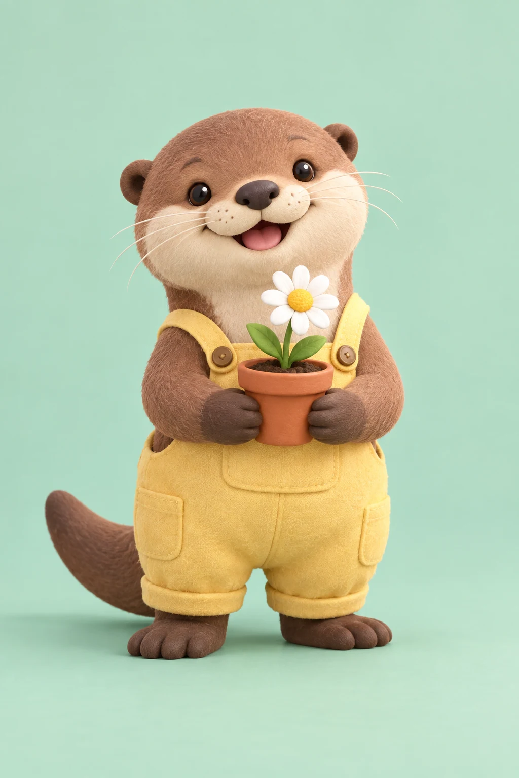 Playful soft toy-style otter gardener holding a tiny terracotta pot with one daisy
