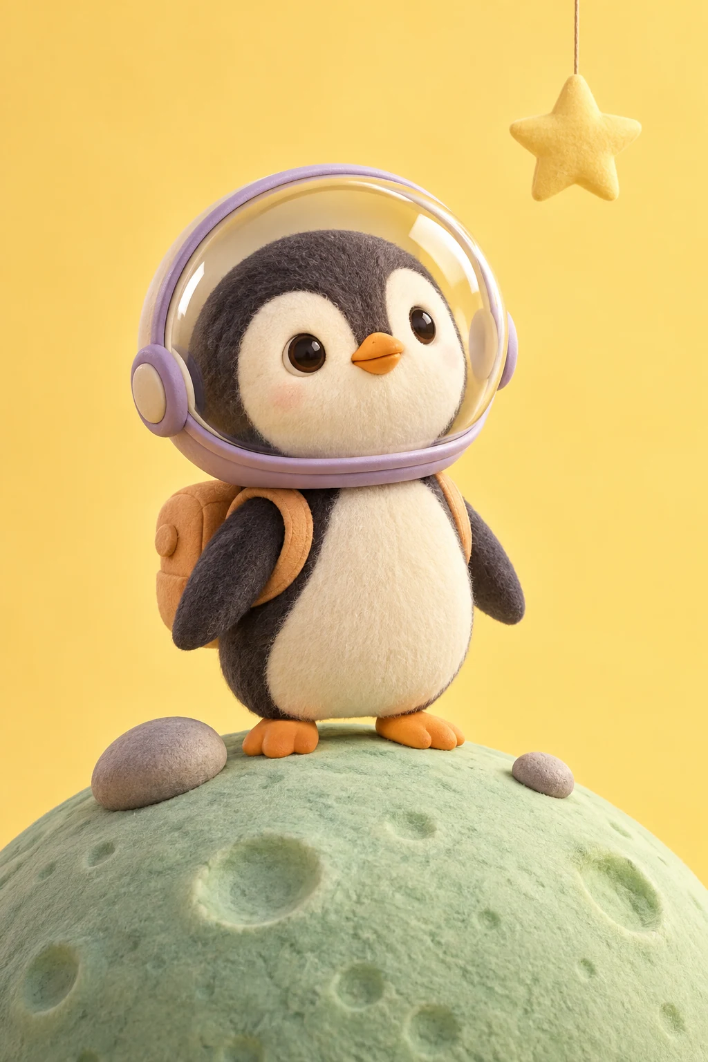 Playful plush penguin astronaut with a lilac helmet on a tiny mint moon