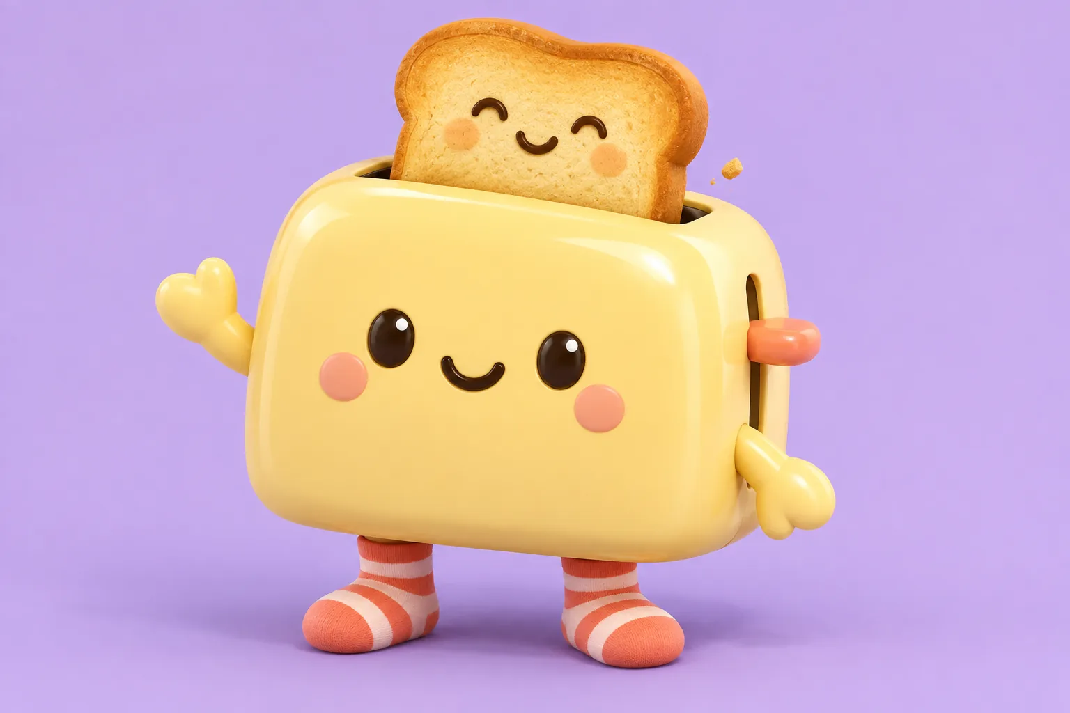 Friendly butter-yellow toaster mascot with striped socks on a lilac background