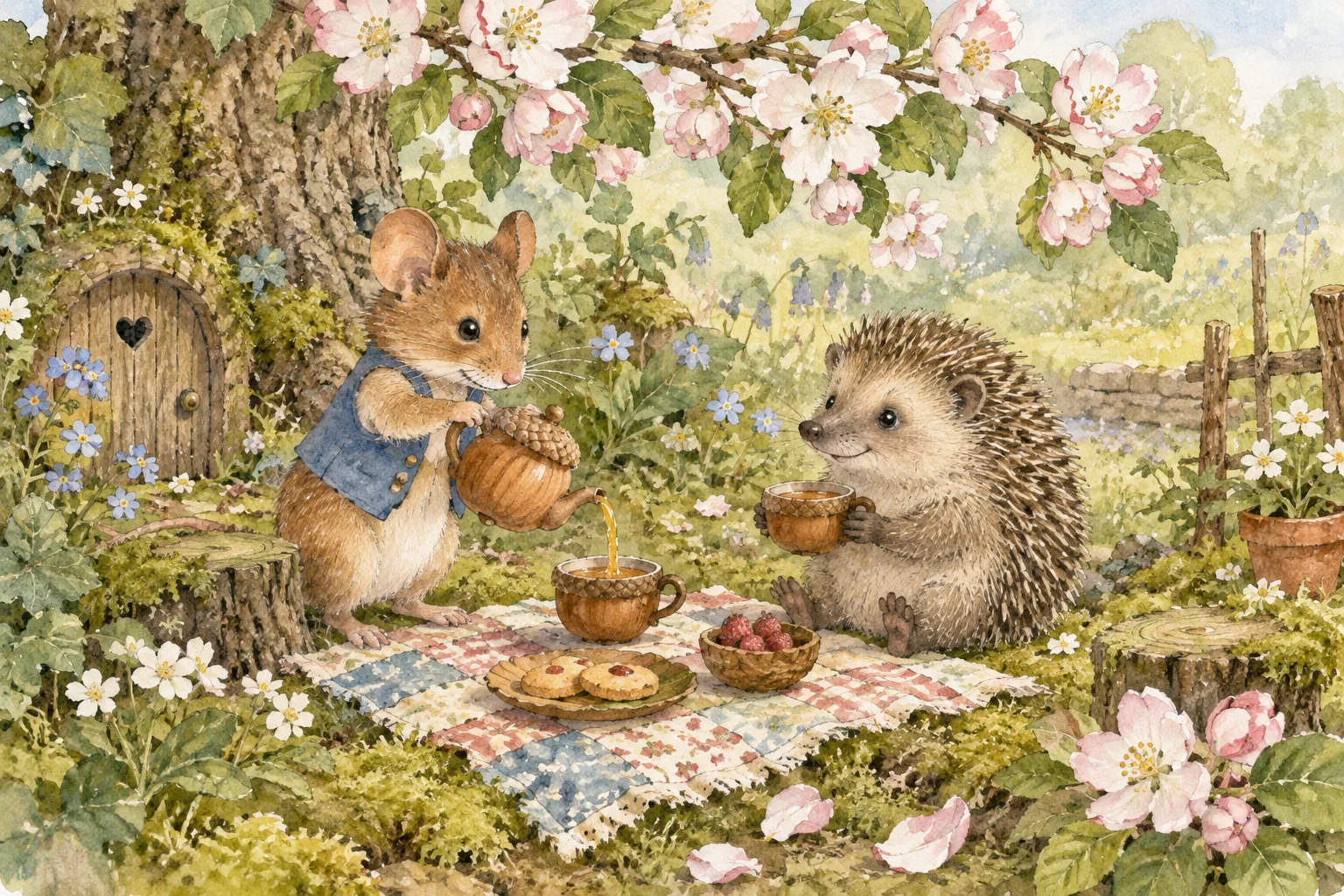 Watercolor mouse pouring tea for a hedgehog under a flowering branch