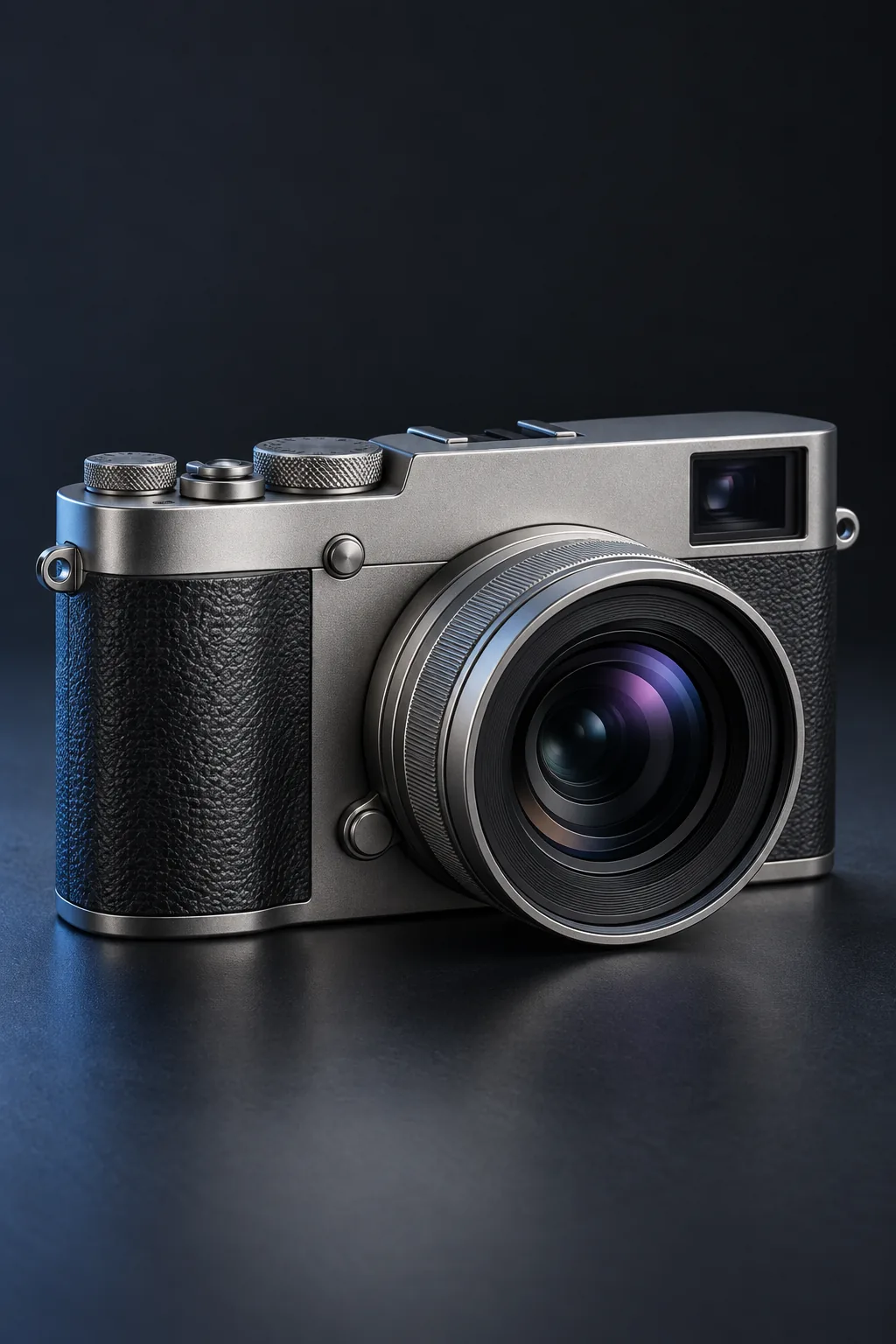 Unbranded titanium camera with a black lens on a charcoal reflective surface